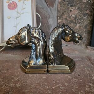 Vintage Brass Horse Head Bookends Patina Metal Equestrian Library Decor